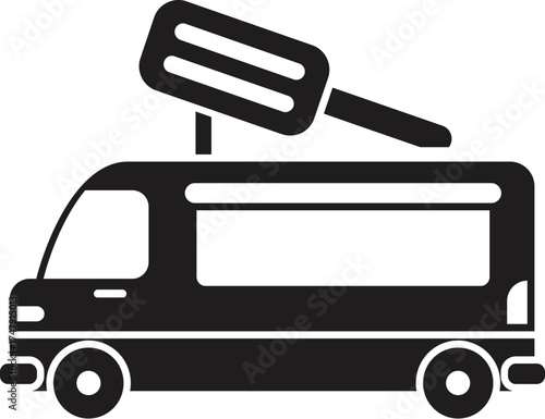 Black and white silhouette of an ice cream food truck selling frozen dessert