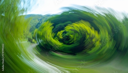 Green Vortex: Dynamic Swirling Forest Landscape with Radial Motion Blur and Vibrant Hues