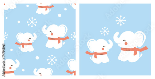 Cute white elephants with coral scarves and simple snowflakes on icy blue, hand drawn winter seamless pattern and character duo for kids fabric, pajamas, wrapping paper and cozy nursery decor.