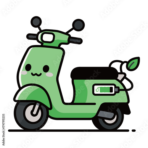 Cute Cartoon Green Electric Scooter with Battery and Eco-Friendly Leaf Symbol Illustration