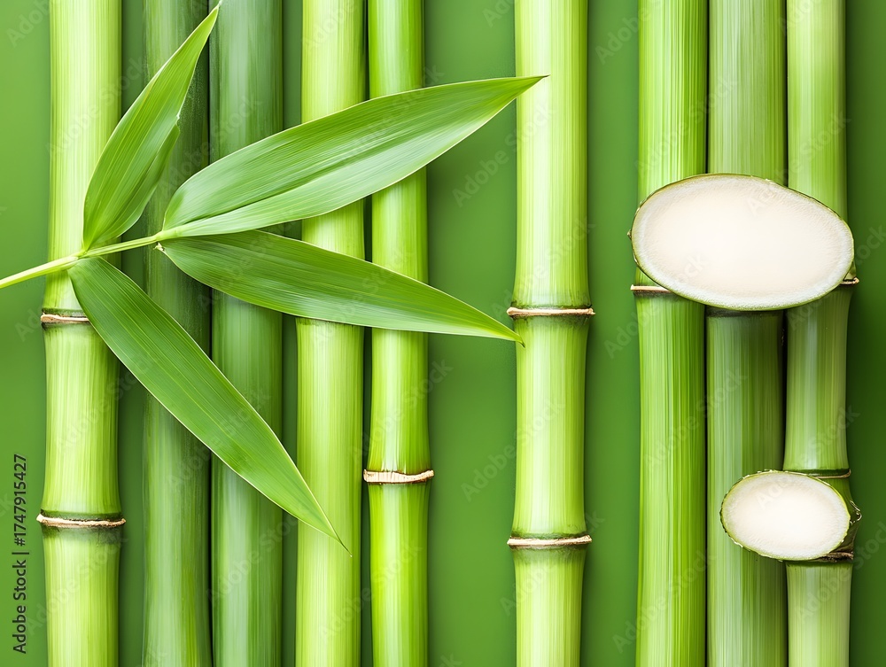 Obraz premium Vibrant Green Bamboo Stalks and Leaves Closeup