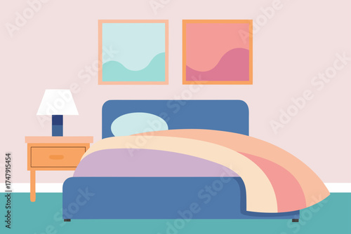 Illustration of a bedroom with bed and nightstand
