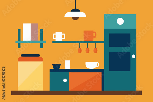 A flat design kitchen interior with shelves and mugs