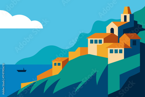 Coastal village on hillside with boat on the water