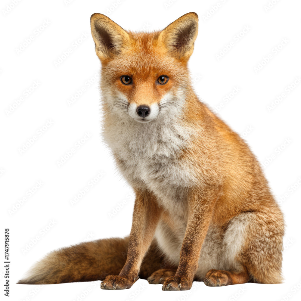 Fototapeta premium A captivating red fox with a fluffy white chest sits attentively, gazing directly forward against a forest transparent background. background removed