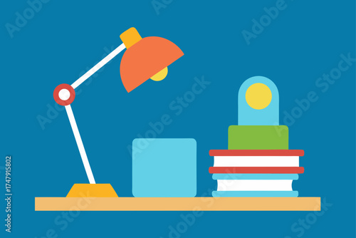 Lamp books and box on shelf in flat vector design