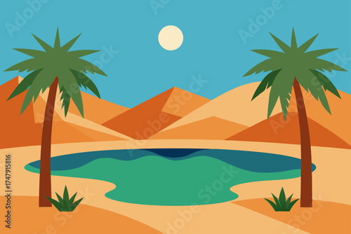 Illustration of desert oasis with palms and dunes