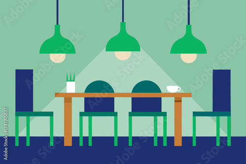 Dining room scene with table chairs and lampshade
