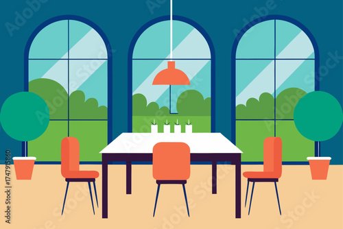 Interior design with table chairs and large windows
