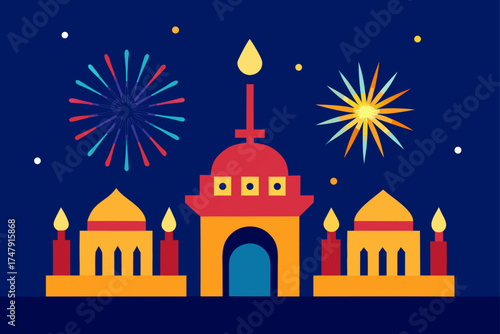 Festive islamic architecture with fireworks display