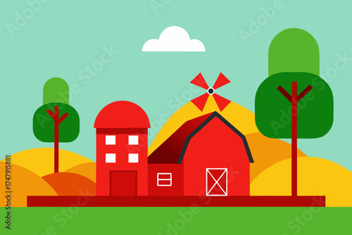 Illustration of a farm with buildings and windmill
