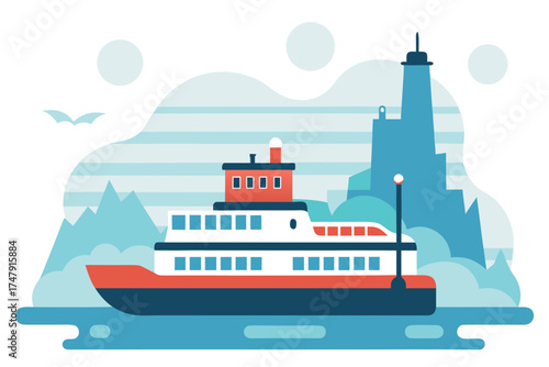 Ferry boat sailing on water with city background