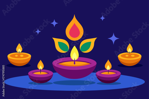 Illustration of diwali lamps and stars on dark blue