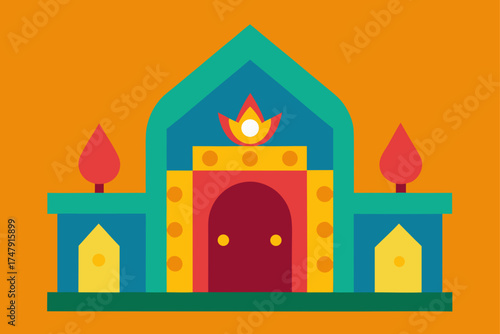 Colorful geometric building with trees and doorway
