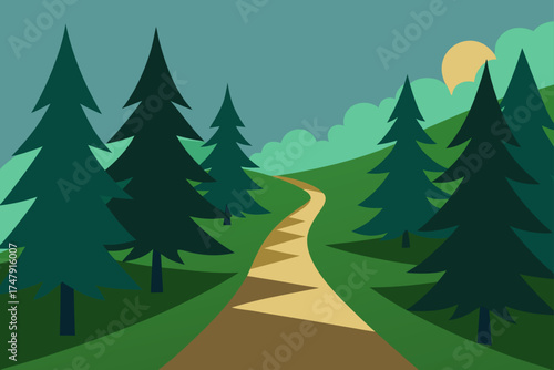 A path through the forest with the sun in the sky
