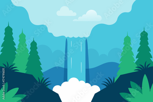 Illustration of waterfall with trees and mountains