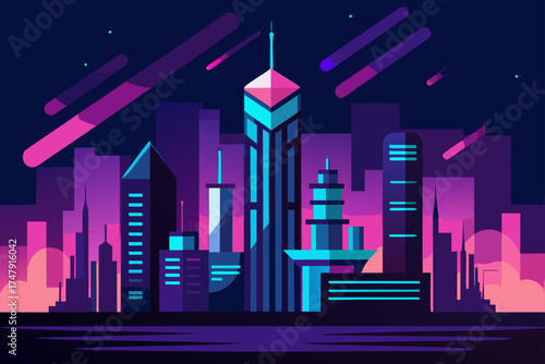 Stylized cityscape with meteors in a night setting