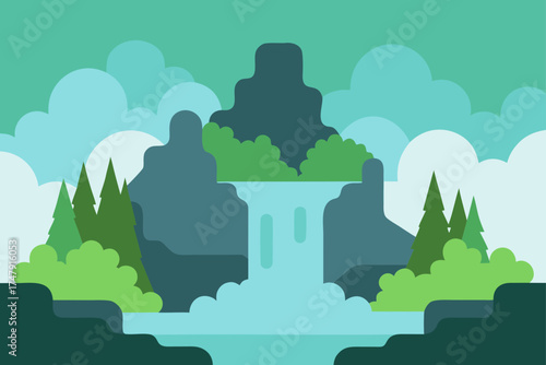 Illustration of a waterfall landscape with clouds
