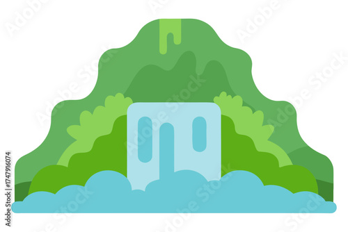 Stylized waterfall cascading down a green mountain
