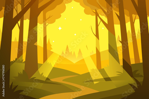 A golden forest path with sun rays and tall trees