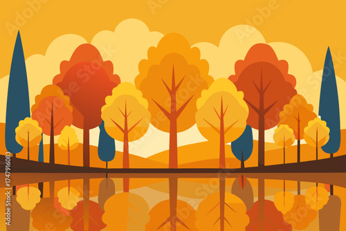 Autumnal trees reflected in calm water illustration