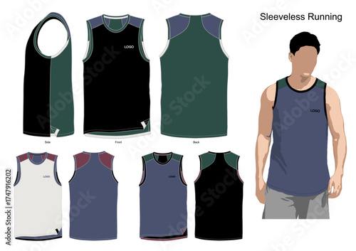 Vector design of a sleeveless running shirt with front, back, and side views. Perfect for sportswear and activewear, ideal for branding and sportswear mockups for men's designs.
