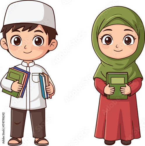 Cartoon Muslim children holding books in traditional attire, Islamic education theme, cultural diversity, learning concept, school, study, reading, knowledge