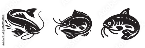Nature Landscape Outdoor Silhouette Lake Catfish Icon, Flat Silhouette of a Freshwater Fish Vector for Fishing Illustration Design