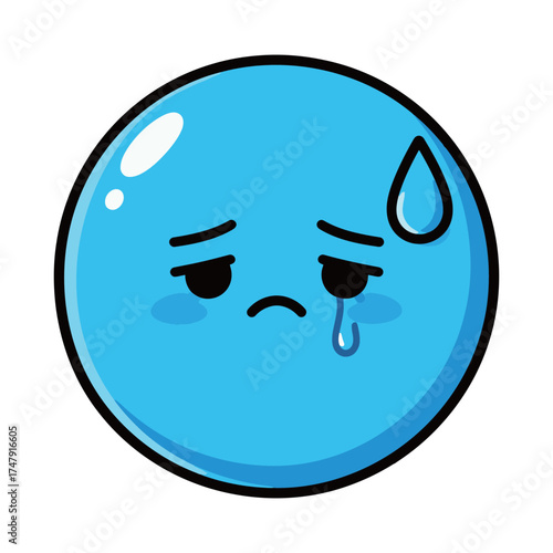 Cute Cartoon Blue Crying Emoji or Sad Face with Tears and Sweat Drop Illustration