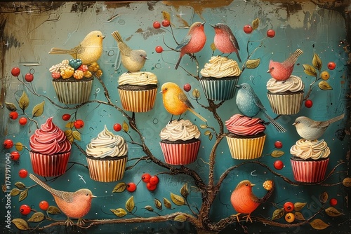 Whimsical scene of cupcakes growing on a tree.