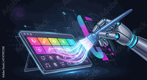 Robot Hand Painting Digital Art on Tablet with Brush.