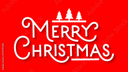 MERRY CHRISTMAS red vector hand lettering card with Christmas tree motifs