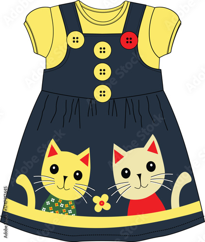 girls frocks with  cute cat & flower use for print  illustrations vector