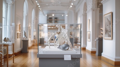 Historical museum exhibit with ancient bones, preserved fossils, educational plaques, and reconstructed skeletal models.