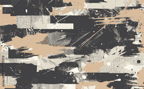  A bold monochrome abstract composition featuring layered rectangles, ink splashes, and torn newspaper fragments. The piece exudes energy and movement