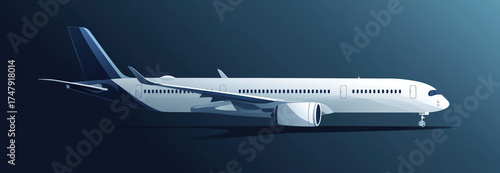 Side view of a modern passenger airplane on a dark blue gradient background