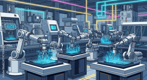 Robotic arms assembling products in a futuristic factory setting.