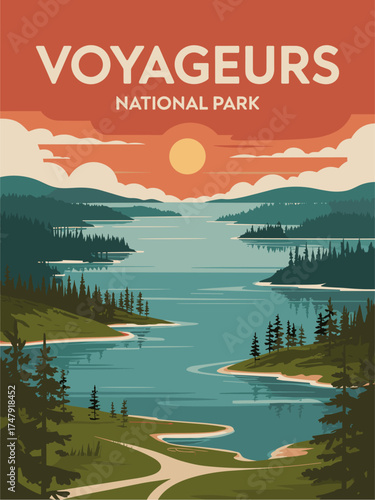 Voyageurs – Vector flat illustration of Voyageurs
Flat vector illustration of Voyageurs National Park with lakes and forested islands, retro mid-century palette, clean lines, stylized vintage travel p
