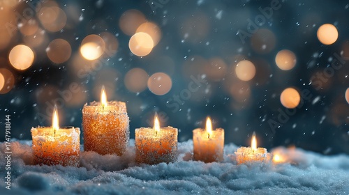 Warm glowing candles nestled in soft snow create a cozy, magical winter atmosphere.