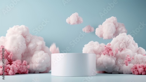 Calming 3D setting with a blue cloud background, white podium, abstract pastel sky, and minimalist stage.