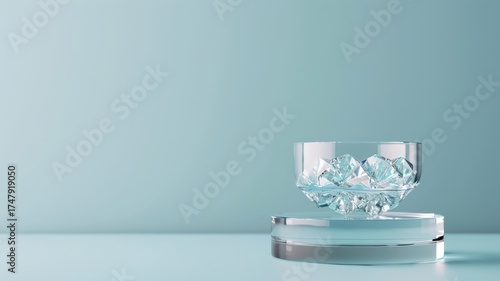 Crystal podium with diamond display and blue 3D background, featuring a glass platform for luxury jewelry.