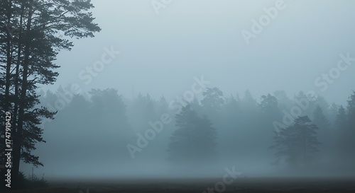 Serene Morning Mist Blanketing a Dense Pine Forest Landscape in Soft Hues and Tranquil Atmosphere