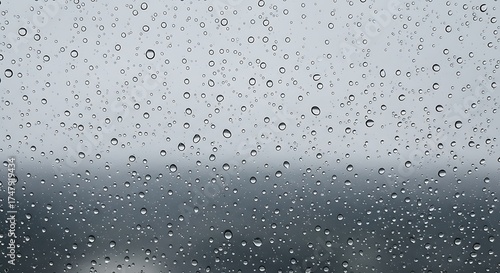 Rainy window with water droplets creating a moody and serene atmosphere against a grey sky
