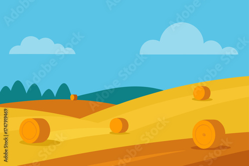 Hay bales scattered across a golden field under sky