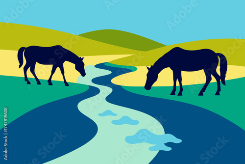 Two horses drinking water from a winding river view