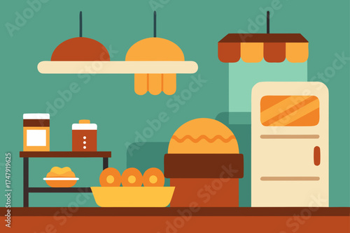 Illustration of a kitchen interior with food items