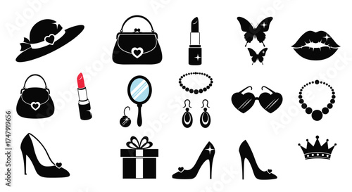 A collection of elegant accessories for women including hats purses and shoes