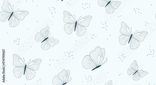 A delicate pattern of white butterflies scattered across a light blue background with tiny dots.