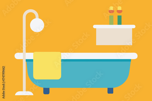Illustration of a blue bathtub with yellow towel
