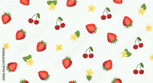 A delightful pattern of strawberries and cherries with small yellow flowers.
